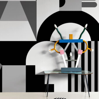 Cutting-edge LondonArt Eden wallpaper presents a black and white geometric design incorporating abstract forms with a matte finish