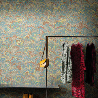 Distinguished LondonArt Farah Diba wallpaper with intricate floral patterns in teal, blue, and brown hues crafted with a paper-based matte finish