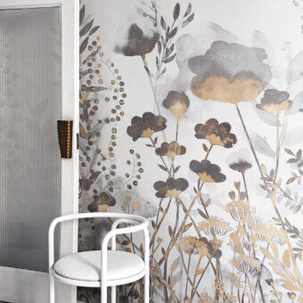 Distinguished LondonArt Felicia wallpaper with large botanical illustration in muted gray, beige, and brown tones with a matte finish