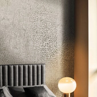 Exceptional LondonArt For Your Pleasure wallpaper displays golden and metallic pointillist stippling with a warm beige and taupe gradient finish