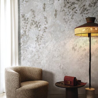 Elegant LondonArt Glam wallpaper displaying a muted gray colorway with a faded botanical motif and distressed finish