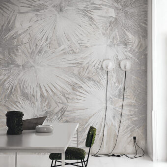 Exceptional LondonArt Just Breathe wallpaper with large-scale grayscale palm leaf sketches against a light beige backdrop and matte finish