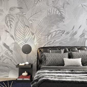 Distinguished LondonArt Lost Paradise wallpaper with oversized botanical elements in sophisticated gray shades and subtle matte finish