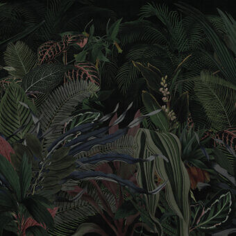 Distinguished LondonArt Lost Paradise wallpaper with a cinematic jungle landscape in muted greens and reddish-brown tones with a matte finish