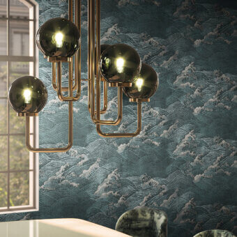 Lavish LondonArt Mother Goose wallpaper showcases repeating wave patterns in teal and grayish-blue with fine golden linework
