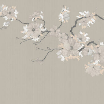 Elegant LondonArt My Romance wallpaper with a painterly floral design in beige, peach, and gray tones against a textured background