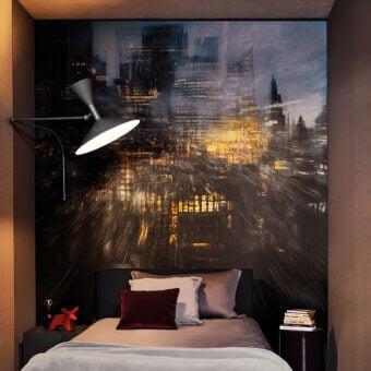 Avant-garde LondonArt Quantum Metropolis wallpaper with abstract cityscape in deep blues, blacks, yellows, and oranges with a smooth finish