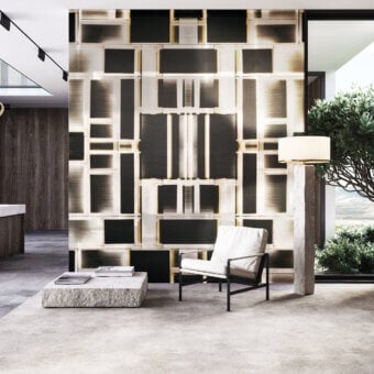 Distinguished LondonArt Sanshi wallpaper with a large-scale geometric pattern in black and off-white mirrored composite aluminum with a matte finish