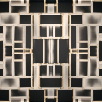 Exceptional LondonArt Sanshi wallpaper crafted with geometric blocks in black and creamy off-white mirrored composite aluminum with a smooth matte finish