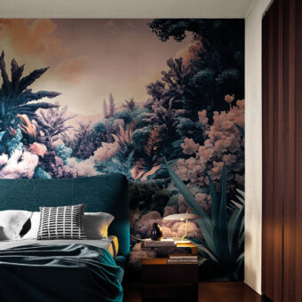 Exclusive LondonArt Silent Fronds wallpaper with a coated paper substrate showcases deep teal, forest green, and ochre tones simulating lush foliage