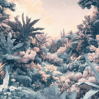 Exceptional LondonArt Silent Fronds wallpaper displays overlapping fronds in teal, gray, and dusty rose hues creating a calming aesthetic