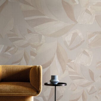 Architectural LondonArt Skyfall wallpaper showcases large-scale botanical design in nuanced beige and taupe with a matte finish