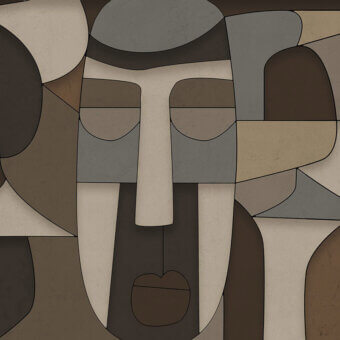 Innovative LondonArt Strictly Confidential wallpaper displays geometric composition in muted brown, gray, and beige with a matte paper base