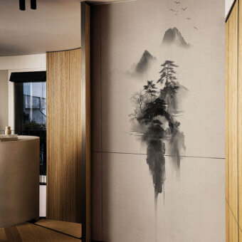Distinguished LondonArt Sumie #1 wallpaper with translucent blossoms in neutral beige and light tan hues on a textile-like surface