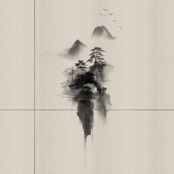 Elegant LondonArt Sumie #1 wallpaper with oversized blossoms in neutral beige, dark gray, and black with matte finish