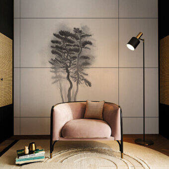 Distinguished LondonArt Sumie #3 wallpaper showcases elongated botanical silhouettes with translucent layering in a muted dusty rose colorway