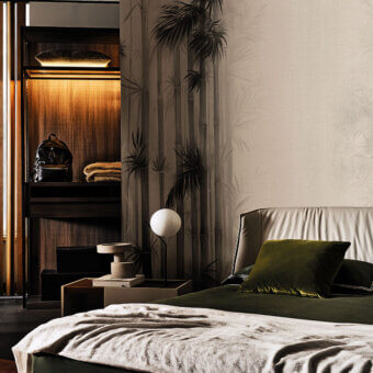 Distinguished LondonArt Sumie #4 wallpaper showcases overlapping botanicals and florals in muted beige-grey and olive green hues with watercolor finish