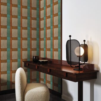 Distinguished LondonArt Wien wallpaper exhibits a rhythmic grid in earthy browns, beiges, and teal with a textured surface