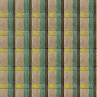 Elegant LondonArt Wien wallpaper presents a geometric pattern with alternating bands in brown, teal, and yellow with a textured finish