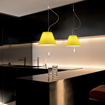 Elegant Luceplan Costanzina suspension lamp in glossy yellow polycarbonate with a lightweight aluminum structure