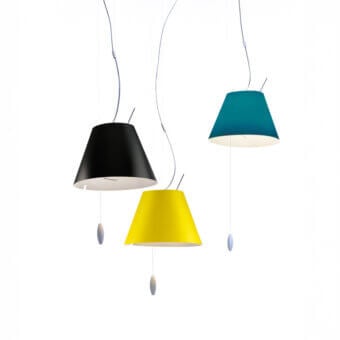 Superior Luceplan Costanzina suspension lamp in teal, black, and yellow polycarbonate with a lightweight aluminum structure