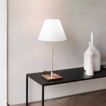 Superior Luceplan Costanzina table lamp with a bright white polycarbonate shade and brushed aluminum structure crafted in Italy