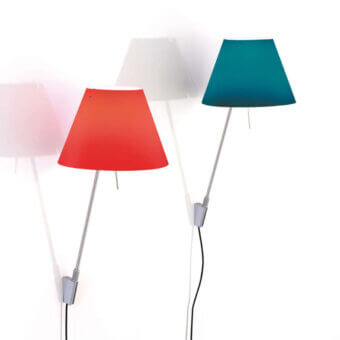 Superior Luceplan Costanzina wall lamp with red conical shade and satin aluminum stem delivering diffused illumination