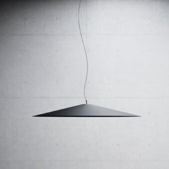 Distinguished Luceplan Koinè suspension lamp with broadly flattened form and sharply angled conical shade in black aluminum featuring a matte finish