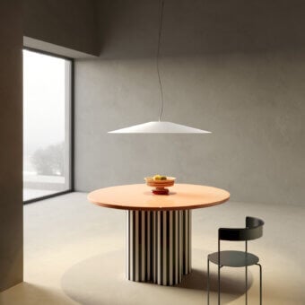 Superior Luceplan Koinè suspension lamp with broadly circular form in white aluminum and matte finish