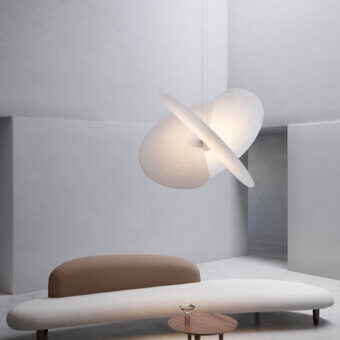 Distinguished Luceplan Levante suspension lamp crafted in warm white with ultra-thin diffusers and an aluminum core exhibiting a smooth matte finish