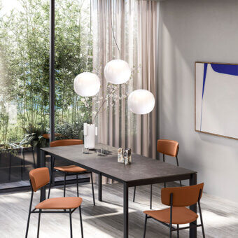 Exclusive Luceplan Lita suspension lamp in opaline blown-glass with brass structure and diffused white glow