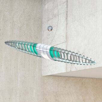 Superior Luceplan Queen Titania suspension lamp with a steel bearing structure and aluminum lamellar shell in pale mint green hues