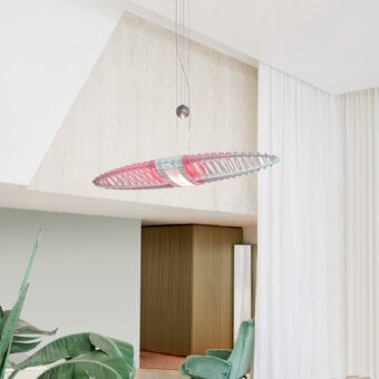 Elegant Luceplan Queen Titania suspension lamp in reddish-pink with a steel bearing structure and aluminum lamellar shell, boasting a satin finish