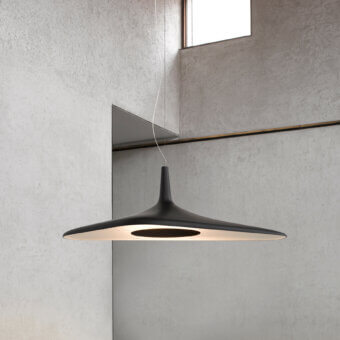 Avant-garde Luceplan Soleil Noir suspension lamp sculpted from expanded polyurethane with uniform matte black finish