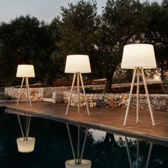 Superior MY YOUR Agata Wood floor lamp built with a conical lampshade in off-white and treated wood for outdoor use