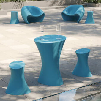 Superior MY YOUR Iris table crafted from recyclable Poleasy in vibrant teal blue with smooth textured form