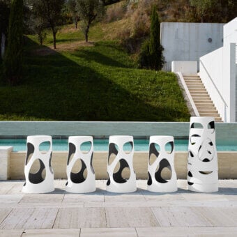 Exceptional MY YOUR Liberty stool in two-tone white and black crafted from glossy synthetic material for indoor or outdoor use