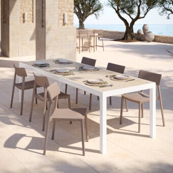 Elegant MY YOUR Maja table with white metal frame and smooth marbled composite tabletop built in Italy