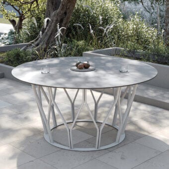 Distinguished MY YOUR Mimí round table crafted with matte gray stoneware and recyclable white aluminum base