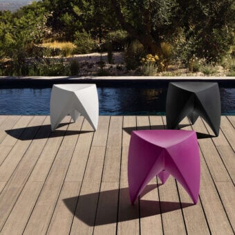 Distinctive MY YOUR Mr Lem stool crafted in magenta Poleasy® with a smooth matte finish and angular form