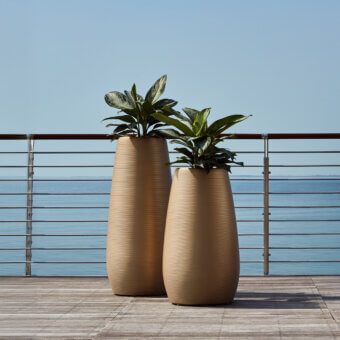 Distinguished MY YOUR Pandora planter crafted in golden-beige Poleasy® with embossed vertical ribbed detailing