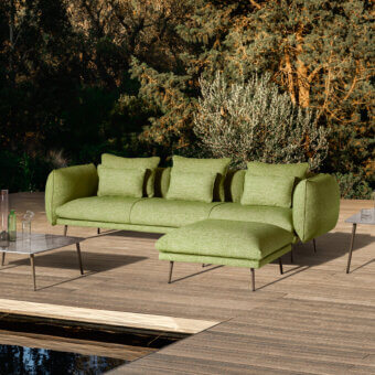 Elegant MY YOUR Piuma sofa with olive green outdoor fabric upholstery, aluminum structure and highlighted stitching