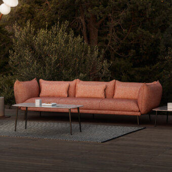 Exceptional MY YOUR Piuma sofa with terracotta outdoor fabric, sleek tailoring and durable aluminum construction