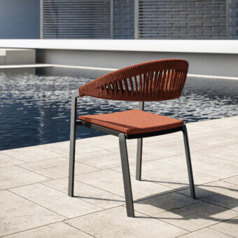 Meticulous MY YOUR Italian Outdoor Experience armchair with reddish-brown woven rope and dark gray powder-coated aluminum frame
