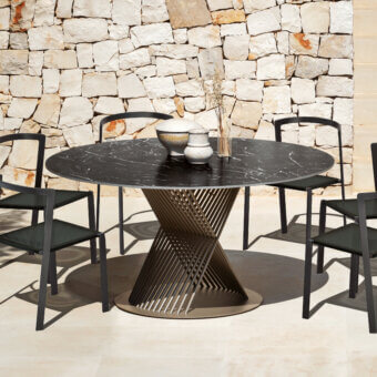 Exceptional MY YOUR Push table with a conical aluminum base and polished glossy stoneware ceramic tabletop with white veining