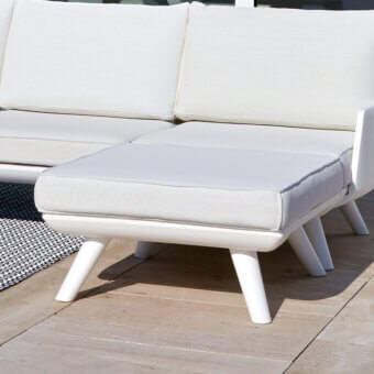 Innovative MY YOUR Samurai ottoman in light beige water-repellent textile with subtly splayed white legs