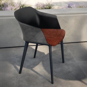 Elegant MY YOUR Sofia Padded Armchair set with organically curved form, reddish-brown textile upholstery and sleek matte black polypropylene shell