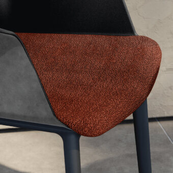 Superior MY YOUR Sofia Padded Armchair with geometric form and reddish-brown textured textile upholstery in charcoal polypropylene