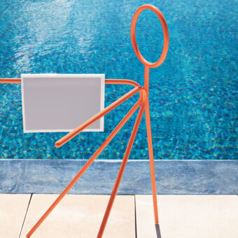 Exceptional MY YOUR Steward multi-purpose stand crafted with curved metal in vibrant orange finish and minimalist geometric design