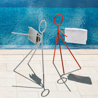 Distinguished MY YOUR Steward multi-purpose stand with curved metal construction in a smooth matte red powder coat finish